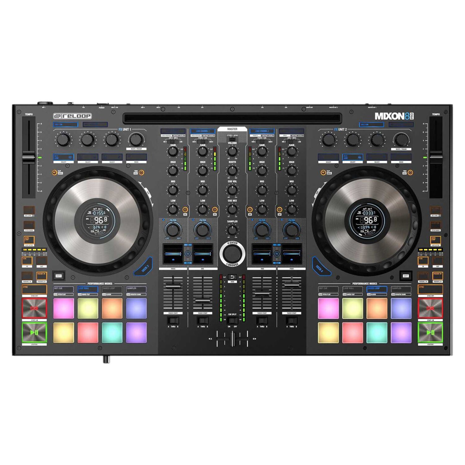 Front view of Reloop Mixon 8 Pro DJ Controller on white background