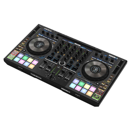 Angled view of Reloop Mixon 8 Pro DJ Controller on white background