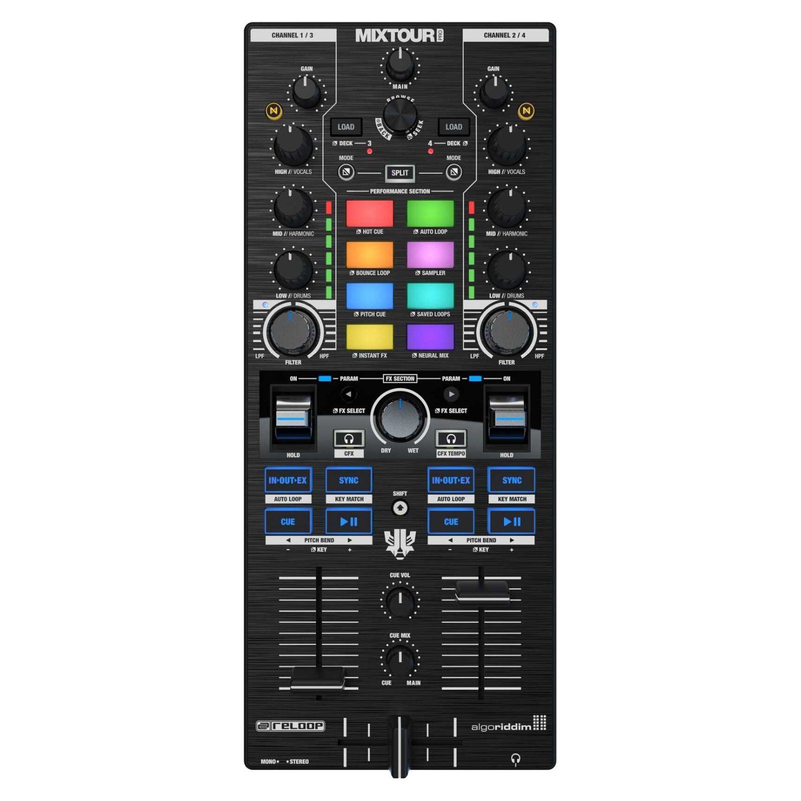 Front view of Reloop Mixtour Pro Portable Performance 4-Deck DJ Controller on white background