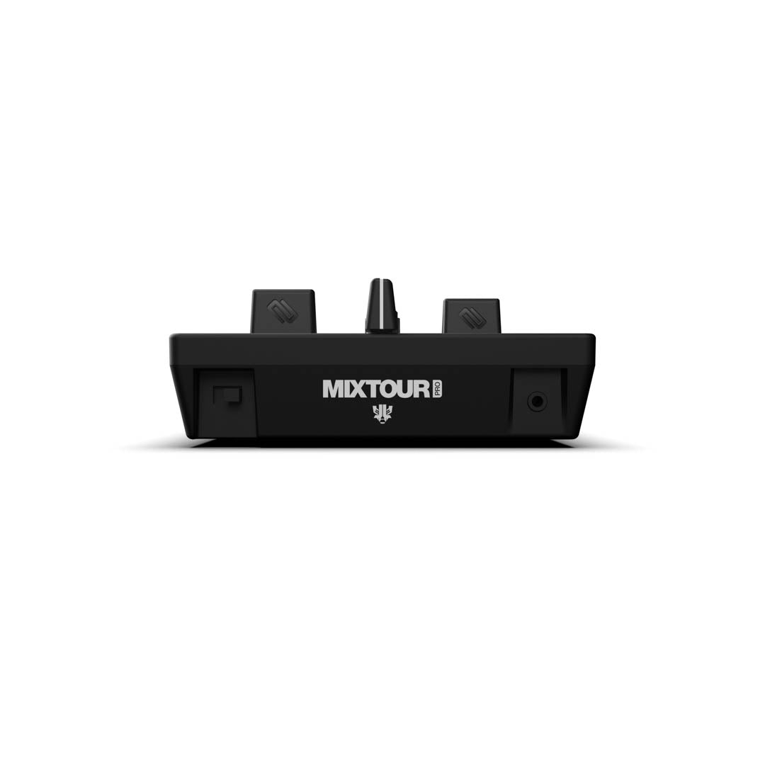Bottom port and switch view of Reloop Mixtour Pro Portable Performance 4-Deck DJ Controller on white background
