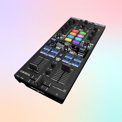 Angled view of Reloop Mixtour Pro Portable Performance 4-Deck DJ Controller on multicolored background