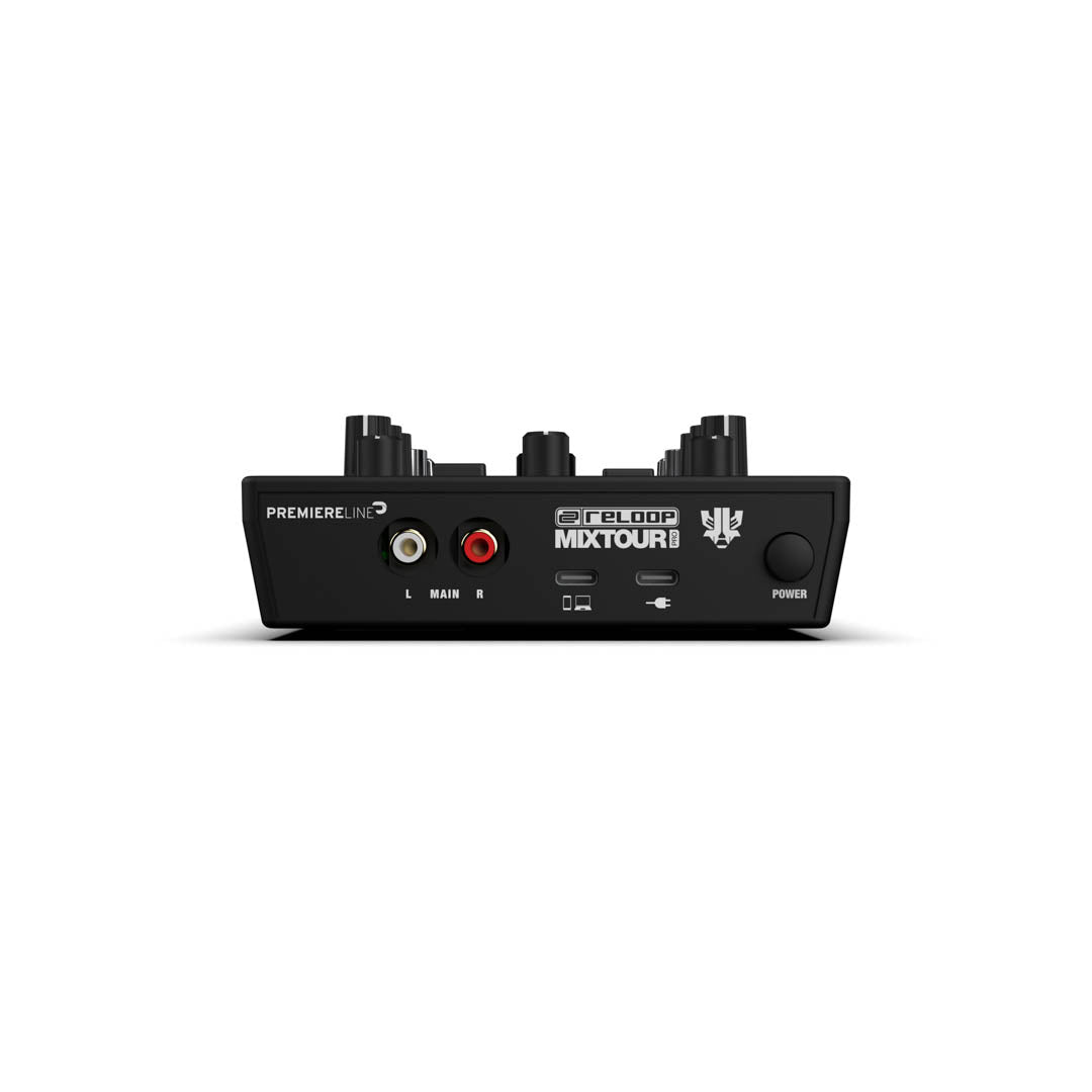 Top ports view of Reloop Mixtour Pro Portable Performance 4-Deck DJ Controller on white background