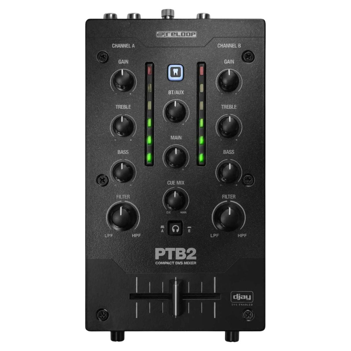 Front view of Reloop PTB-2 Portable 2+1-Channel DJ Mixer with DVS and Bluetooth on white background