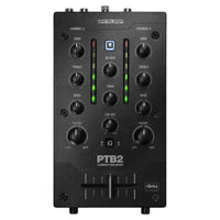 Front view of Reloop PTB-2 Portable 2+1-Channel DJ Mixer with DVS and Bluetooth on white background