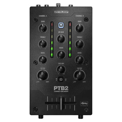 Front view of Reloop PTB-2 Portable 2+1-Channel DJ Mixer with DVS and Bluetooth on white background