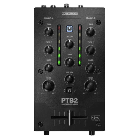Front view of Reloop PTB-2 Portable 2+1-Channel DJ Mixer with DVS and Bluetooth on white background