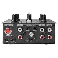 Top ports view of Reloop PTB-2 Portable 2+1-Channel DJ Mixer with DVS and Bluetooth on white background