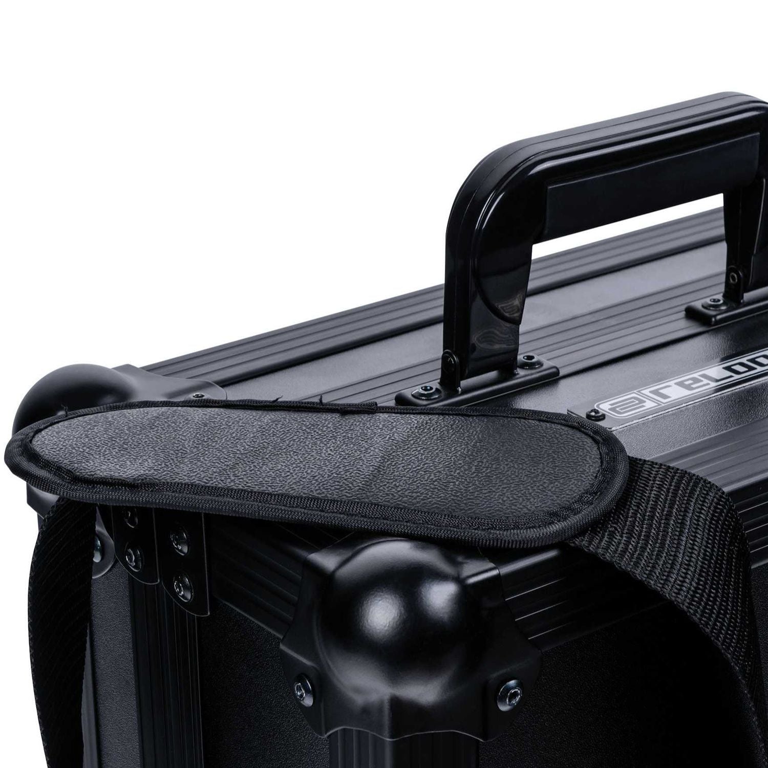 Close up carrying strap view of Reloop Premium Battle Mixer Case on white background
