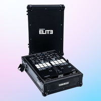 Angled front view of opened Reloop Premium Battle Mixer Case with DJ mixer in it on blue and pink gradient background