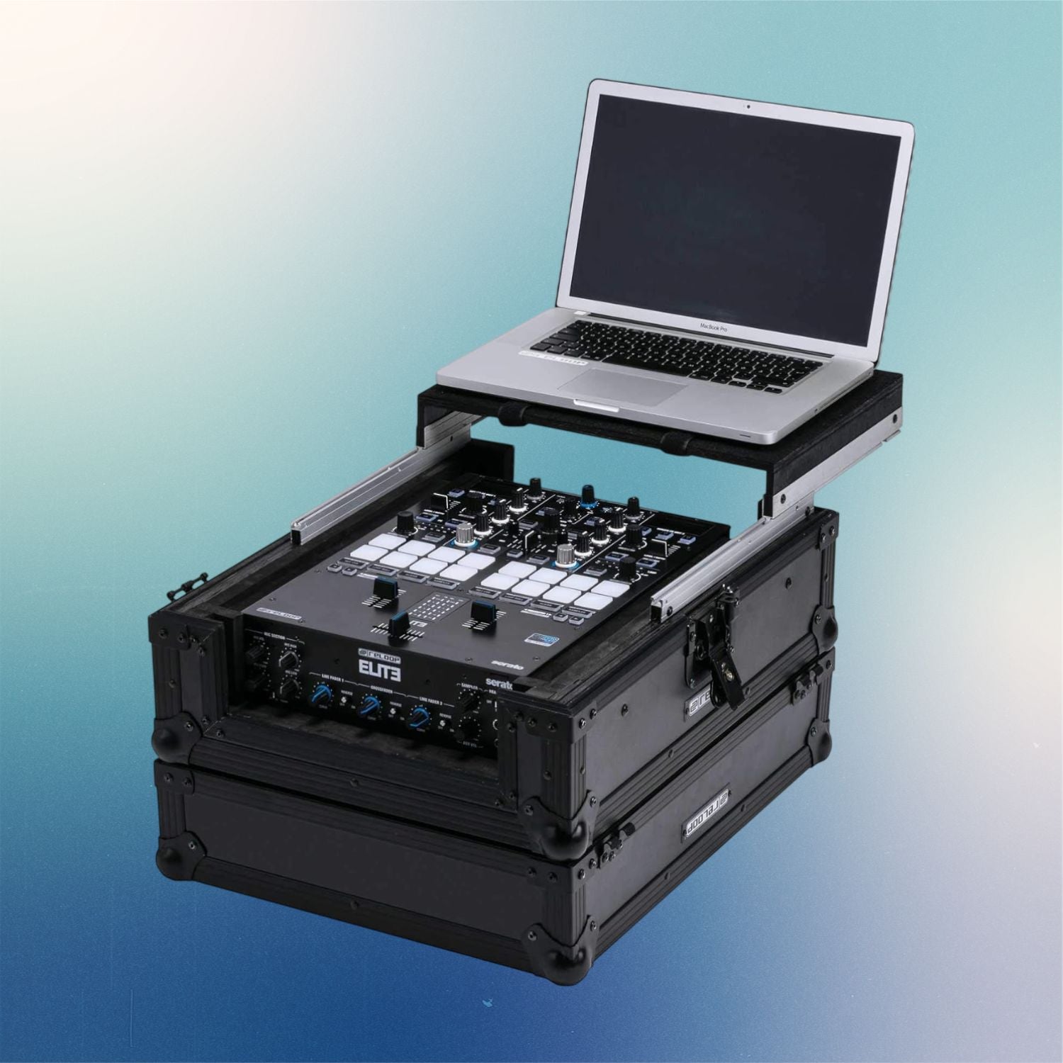 Laptop and mixer mounted on Reloop Premium Club Mixer Case MK2 on blue background