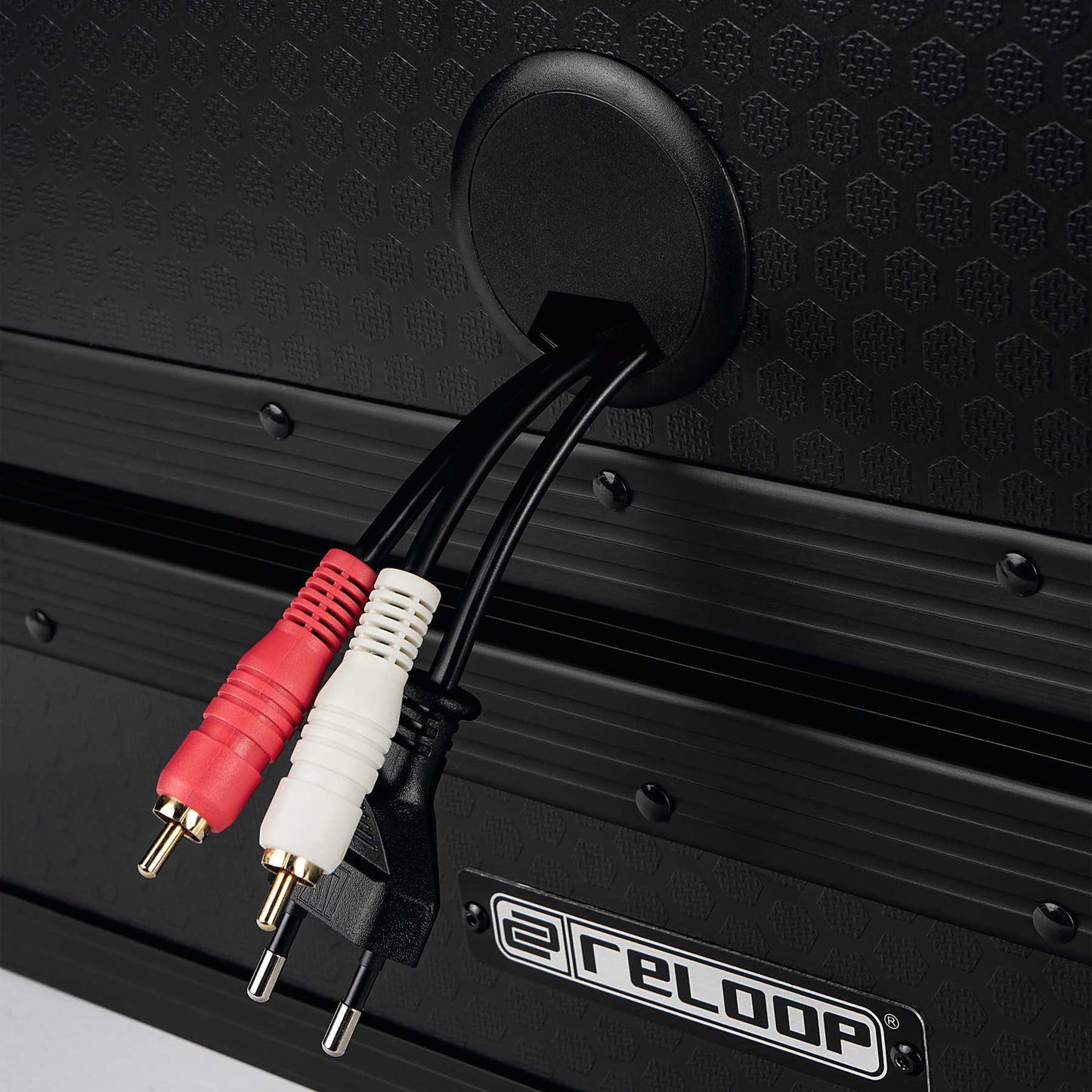 Close up cable port view of Reloop Premium Turntable Case on white background