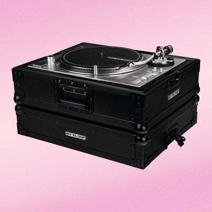 Angled front view of Reloop Premium Turntable Case with opened lid and turntable inside it on pink background