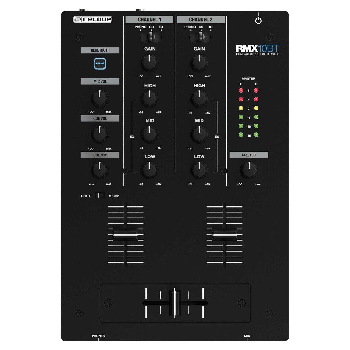 Front view of Reloop RMX-10 BT Compact Bluetooth DJ Mixer on white background
