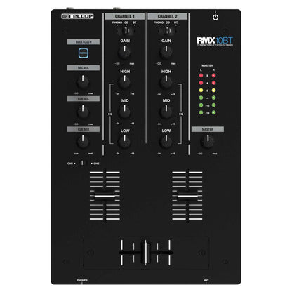 Front view of Reloop RMX-10 BT Compact Bluetooth DJ Mixer on white background