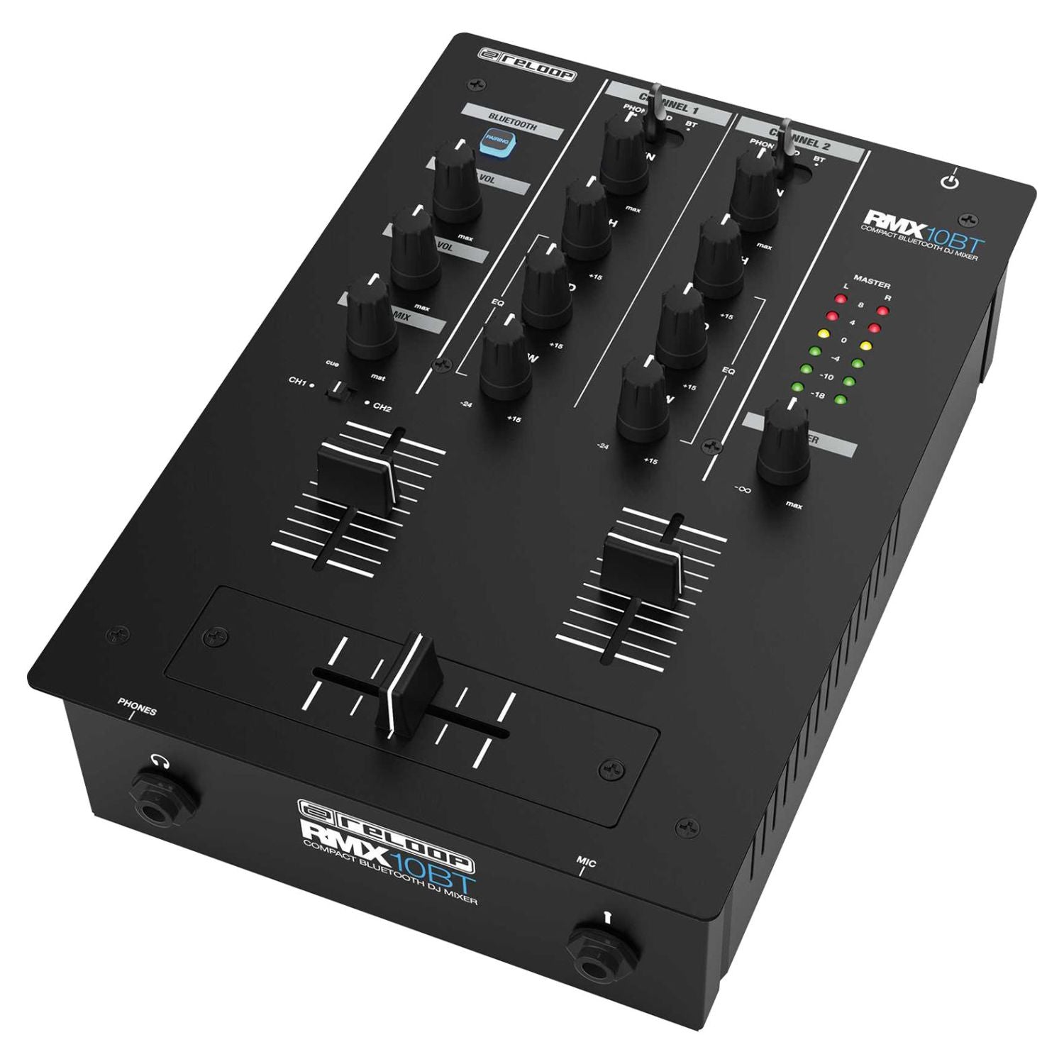 Angled view of Reloop RMX-10 BT Compact Bluetooth DJ Mixer on white background