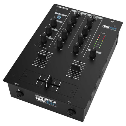 Angled view of Reloop RMX-10 BT Compact Bluetooth DJ Mixer on white background