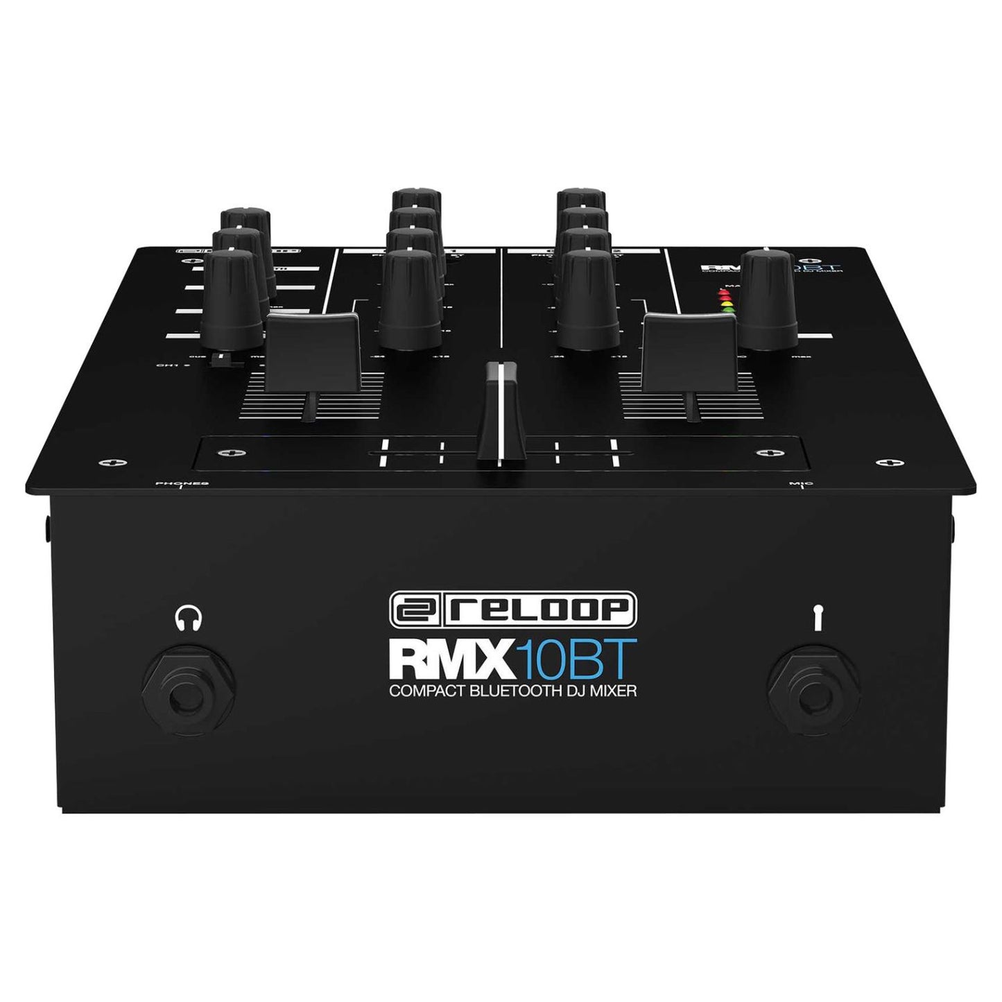 Bottom ports view of Reloop RMX-10 BT Compact Bluetooth DJ Mixer on white background