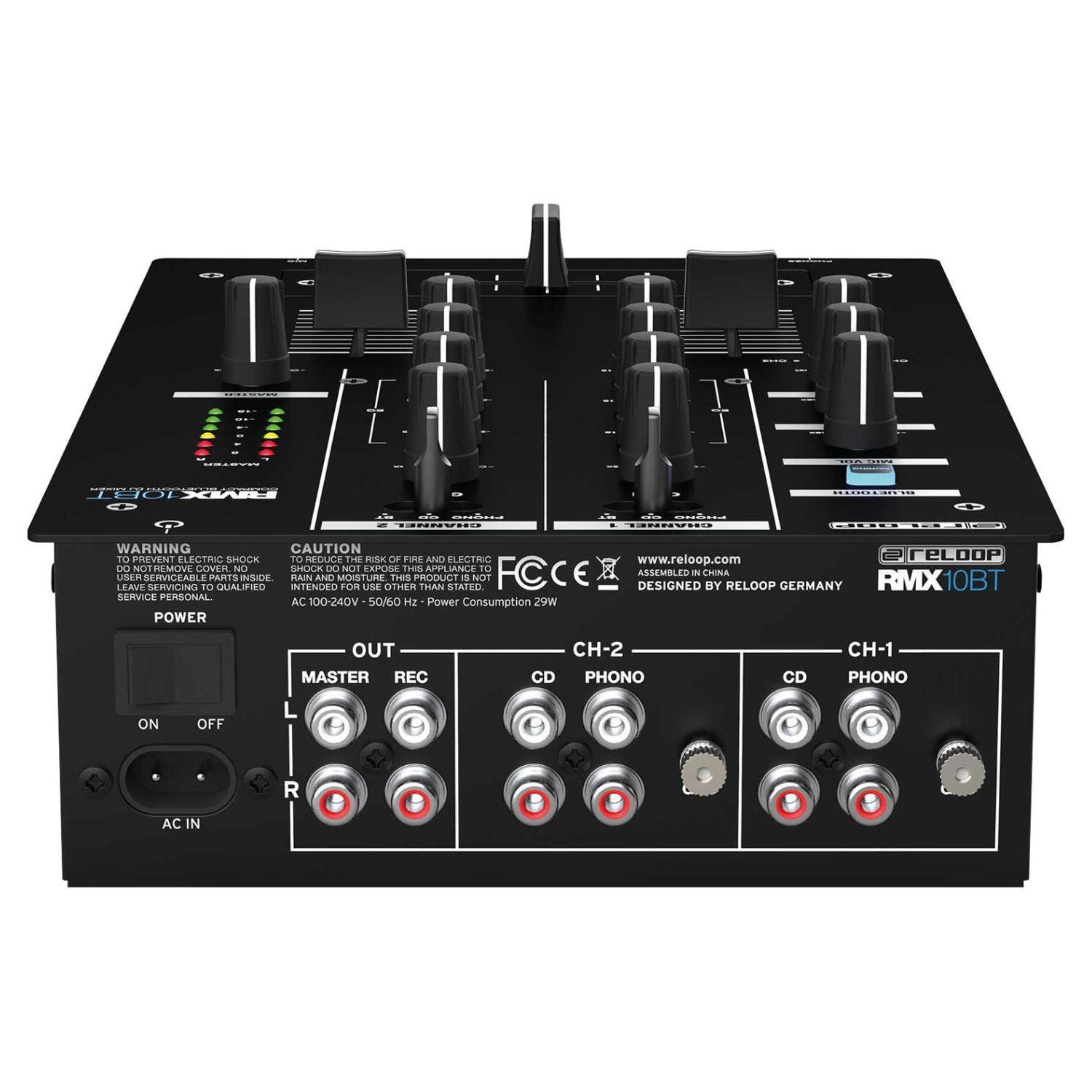 Top ports view of Reloop RMX-10 BT Compact Bluetooth DJ Mixer on white background