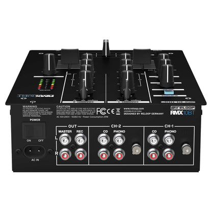 Top ports view of Reloop RMX-10 BT Compact Bluetooth DJ Mixer on white background