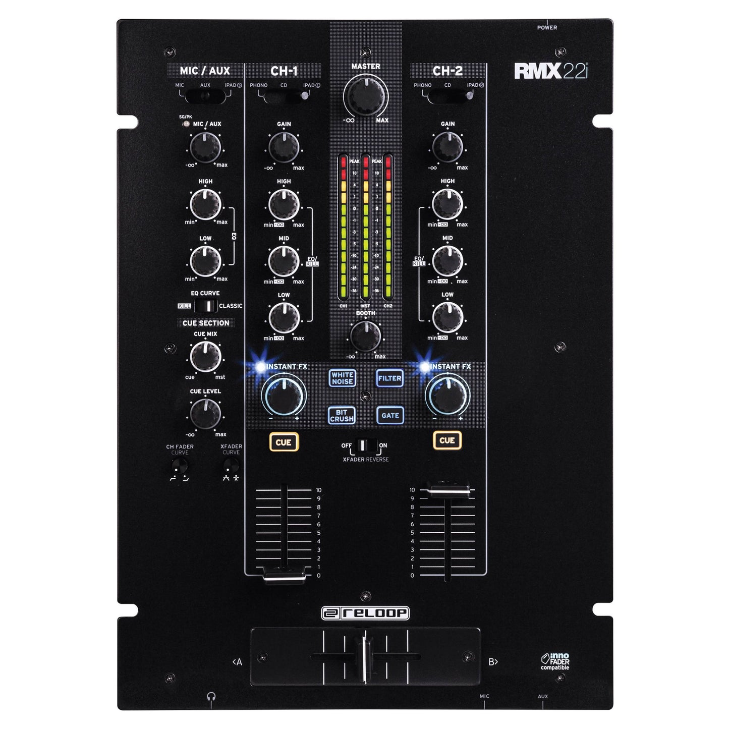 Front view of Reloop RMX-22i Digital FX Mixer with iPad Split Connection on white background