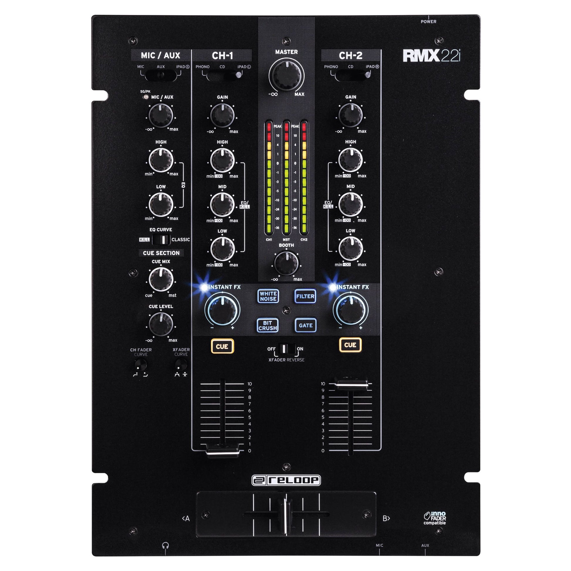 Front view of Reloop RMX-22i Digital FX Mixer with iPad Split Connection on white background