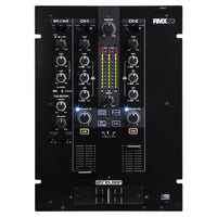 Front view of Reloop RMX-22i Digital FX Mixer with iPad Split Connection on white background
