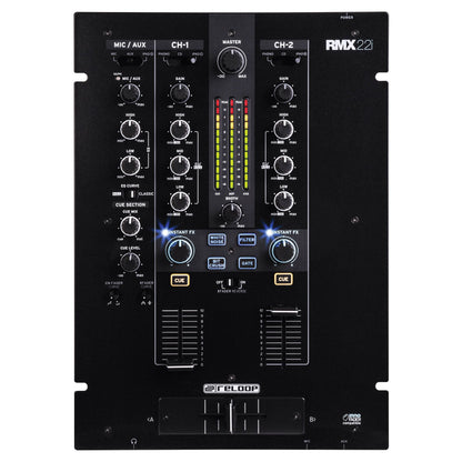 Front view of Reloop RMX-22i Digital FX Mixer with iPad Split Connection on white background