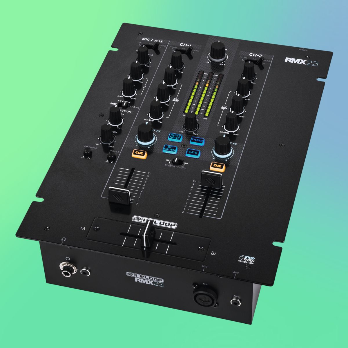 Angled view of Reloop RMX-22i Digital FX Mixer with iPad Split Connection on green and blue gradient background