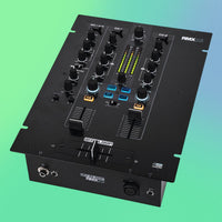 Angled view of Reloop RMX-22i Digital FX Mixer with iPad Split Connection on green and blue gradient background