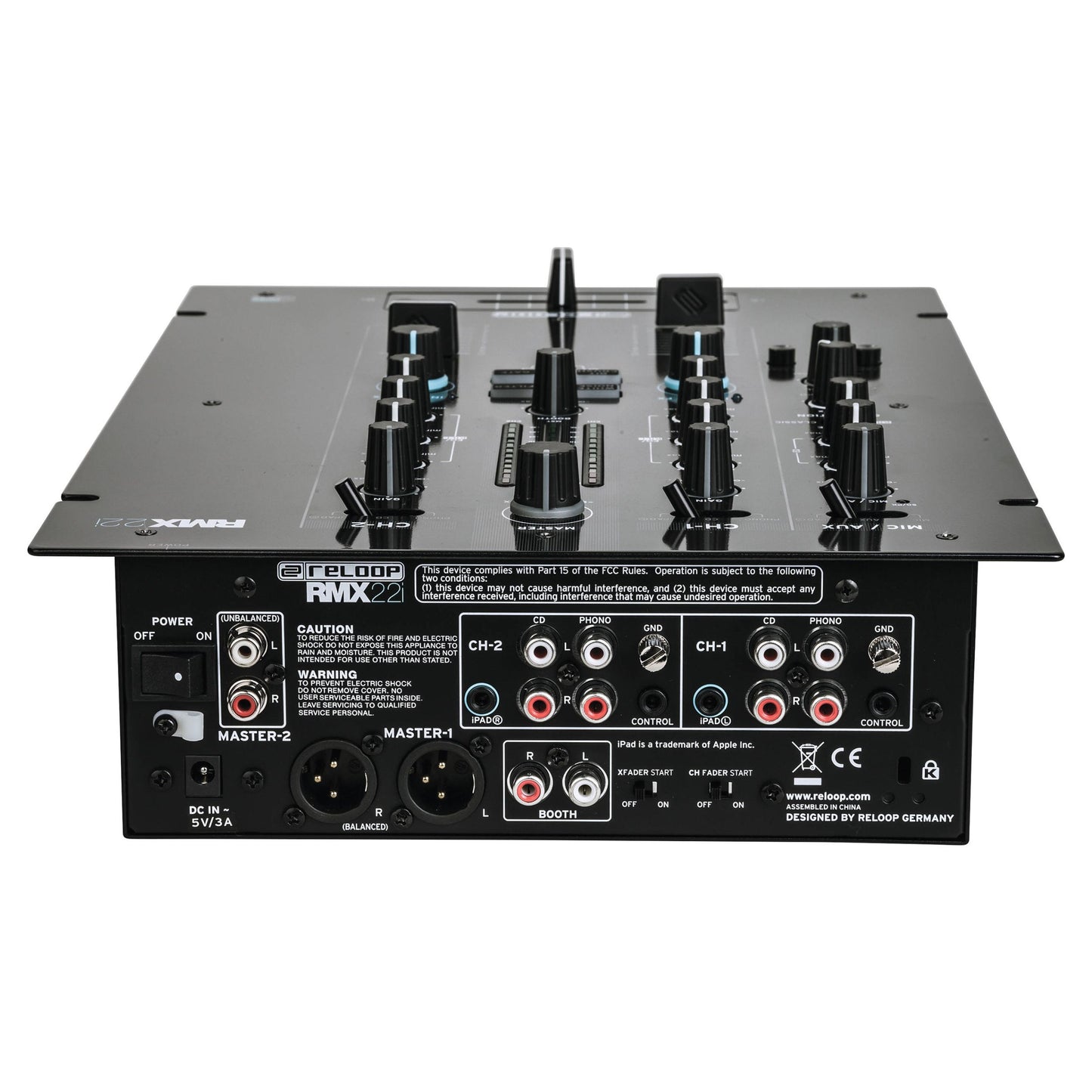 Top ports view of Reloop RMX-22i Digital FX Mixer with iPad Split Connection on white background