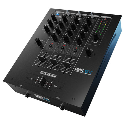 Angled front view of Reloop RMX-30 BT 3-Channel Bluetooth DJ Mixer on white background