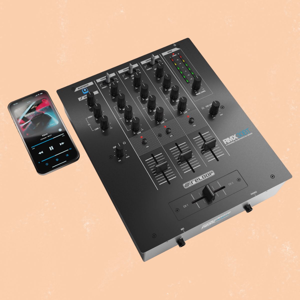 Angled front view of Reloop RMX-30 BT 3-Channel Bluetooth DJ Mixer with phone beside it on orange background