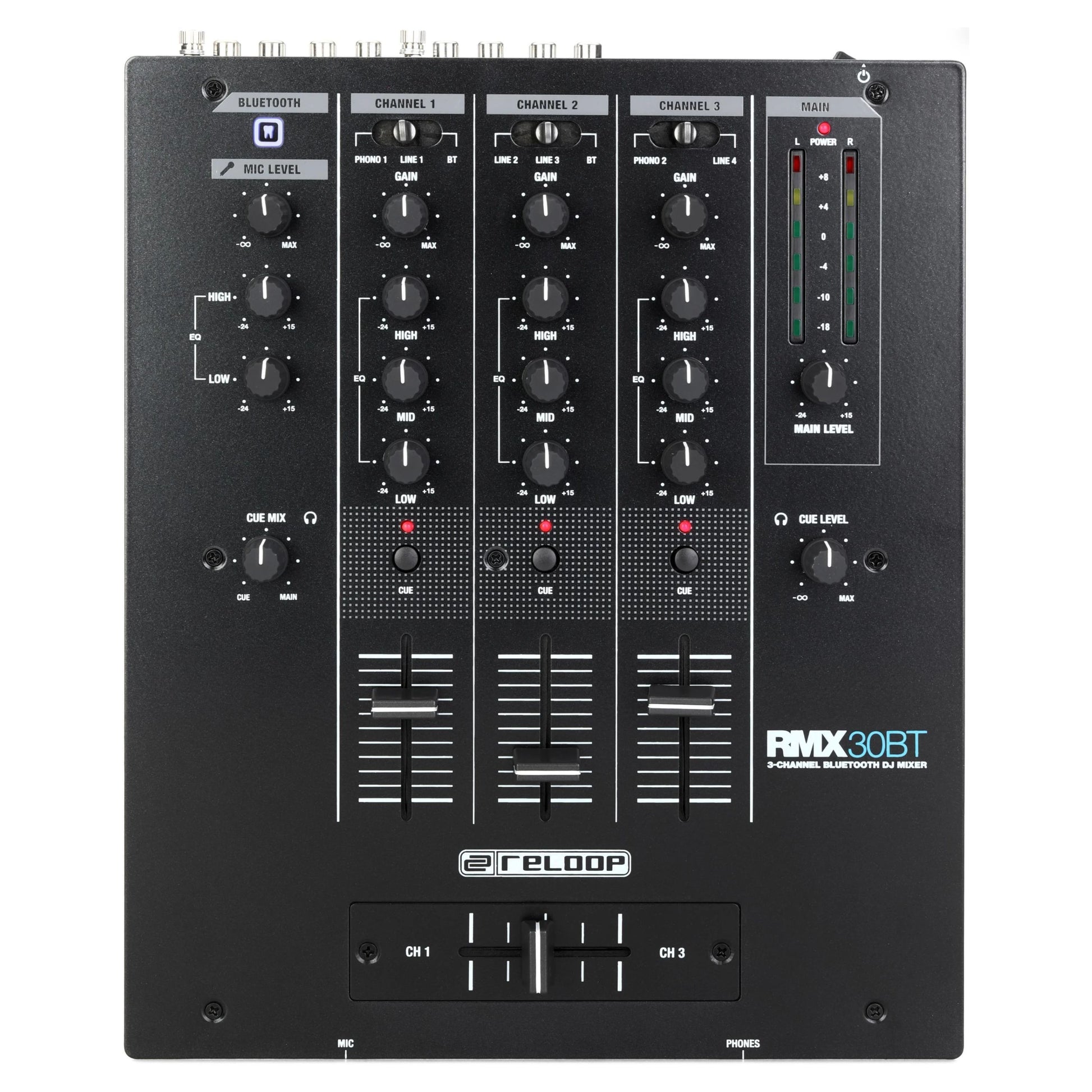 Front view of Reloop RMX-30 BT 3-Channel Bluetooth DJ Mixer on white background