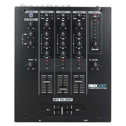 Front view of Reloop RMX-30 BT 3-Channel Bluetooth DJ Mixer on white background