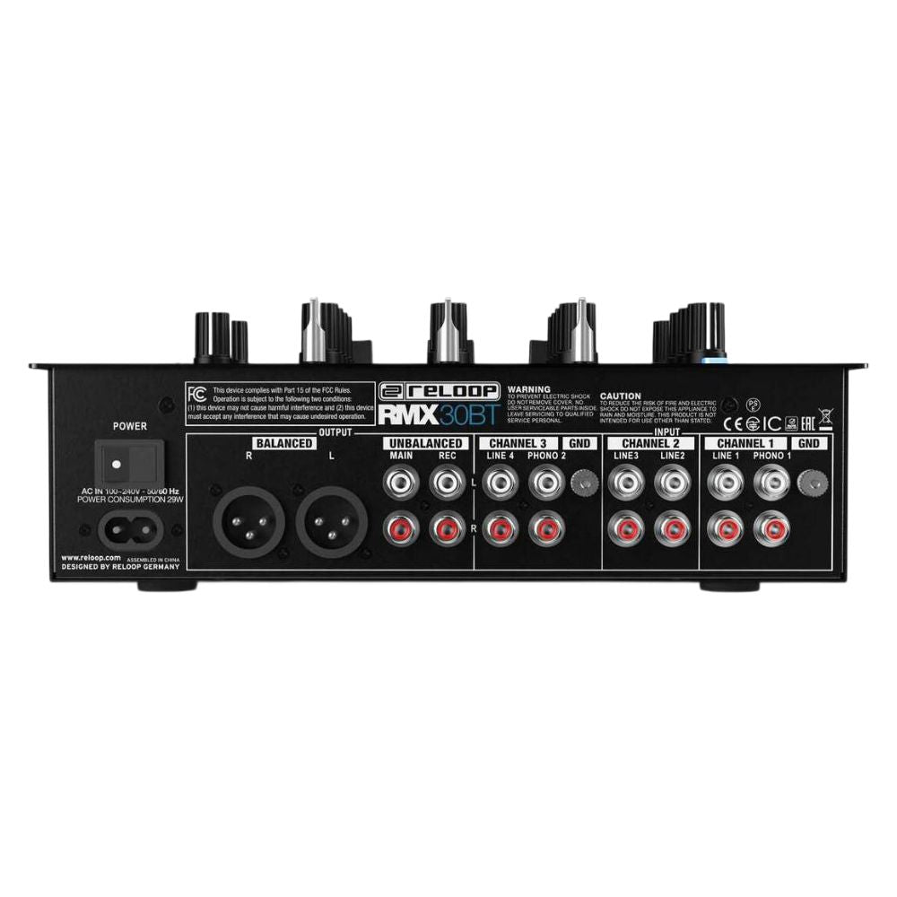 Top ports view of Reloop RMX-30 BT 3-Channel Bluetooth DJ Mixer on white background