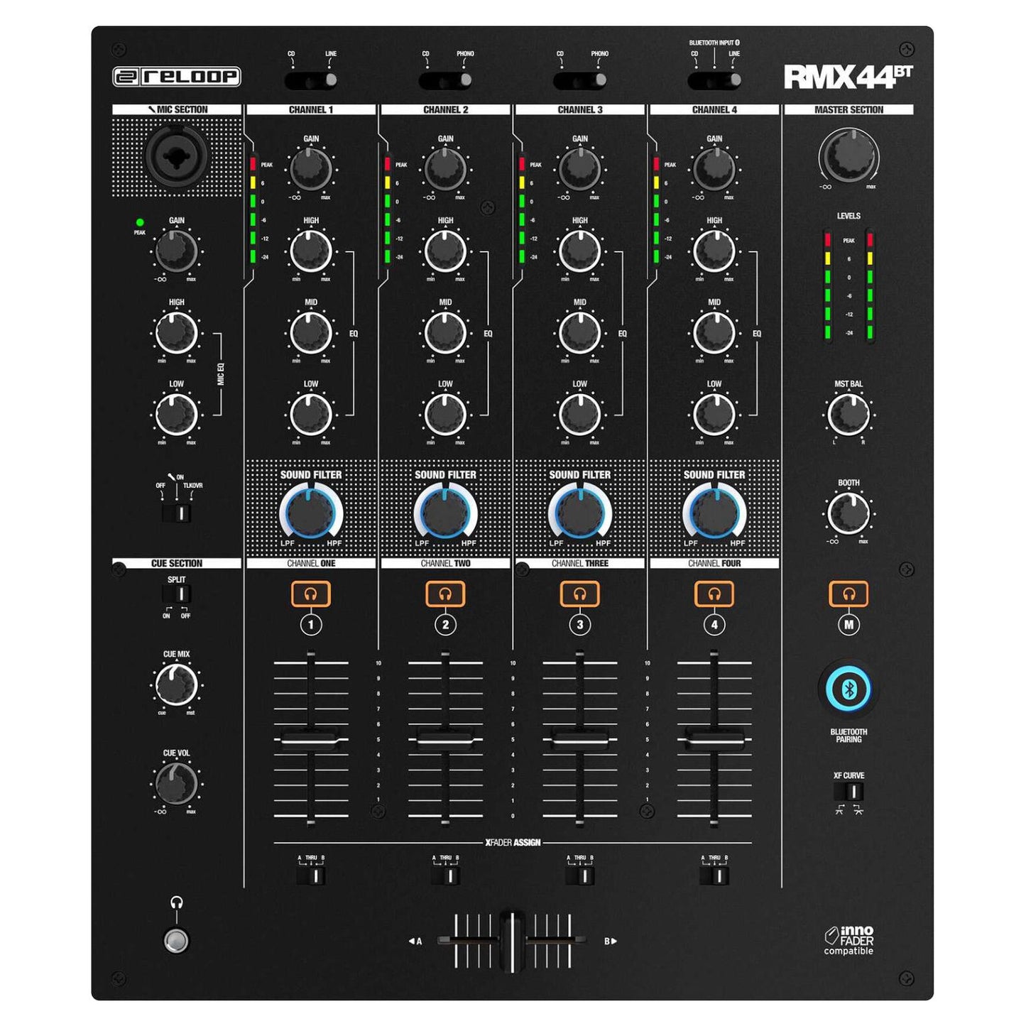 Front view of Reloop RMX-44 BT 4-Channel Bluetooth DJ Club Mixer on white background