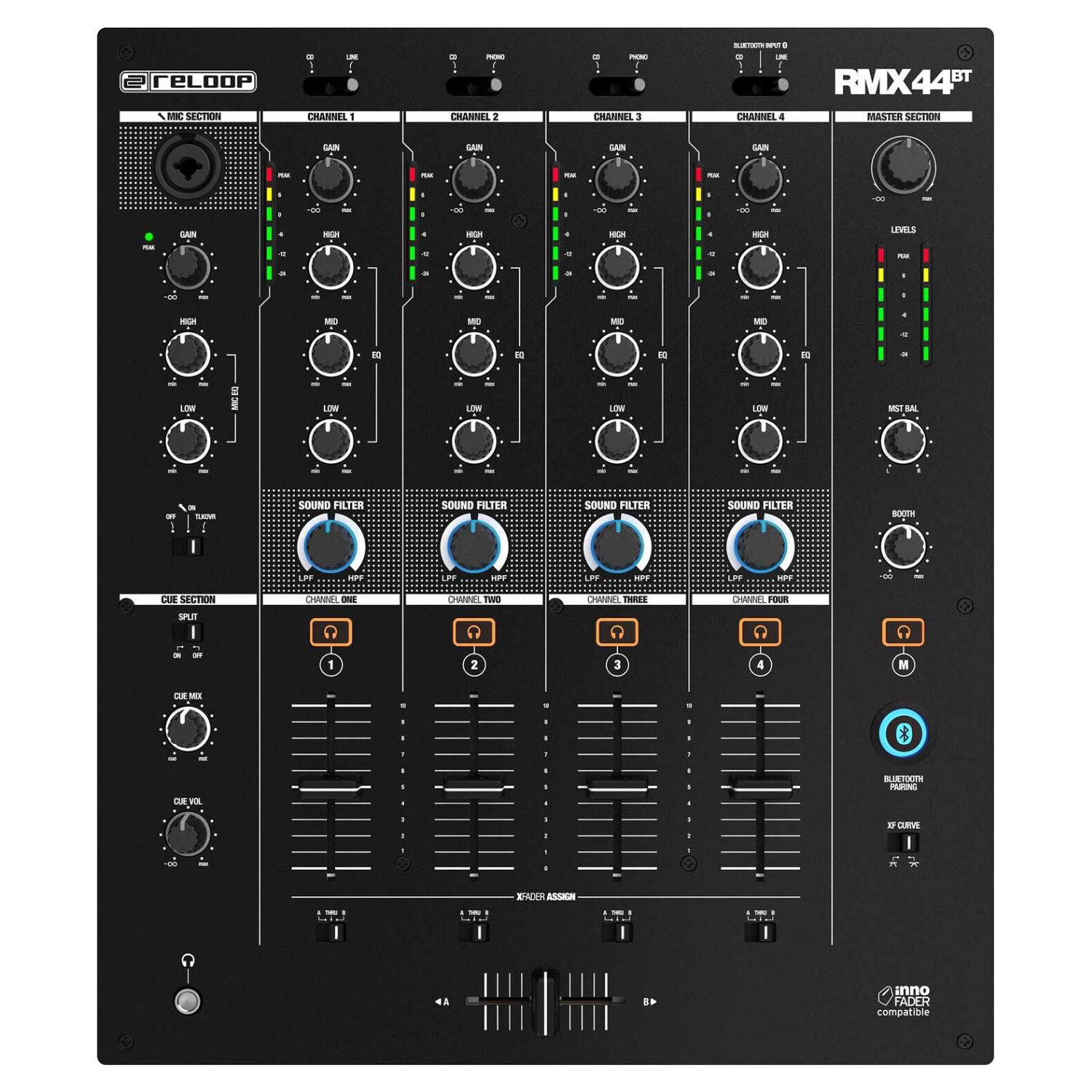 Front view of Reloop RMX-44 BT 4-Channel Bluetooth DJ Club Mixer on white background