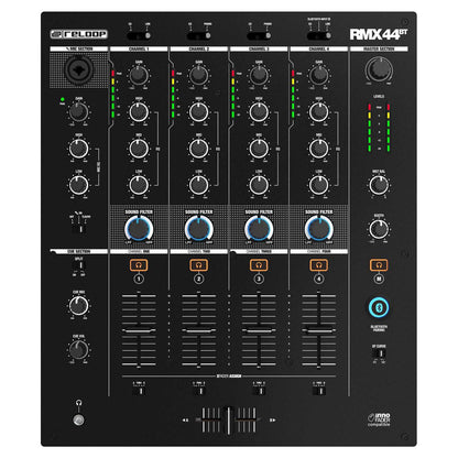 Front view of Reloop RMX-44 BT 4-Channel Bluetooth DJ Club Mixer on white background