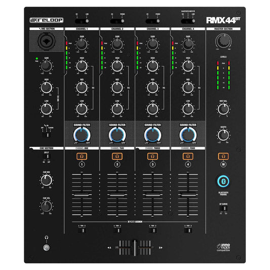 Front view of Reloop RMX-44 BT 4-Channel Bluetooth DJ Club Mixer on white background