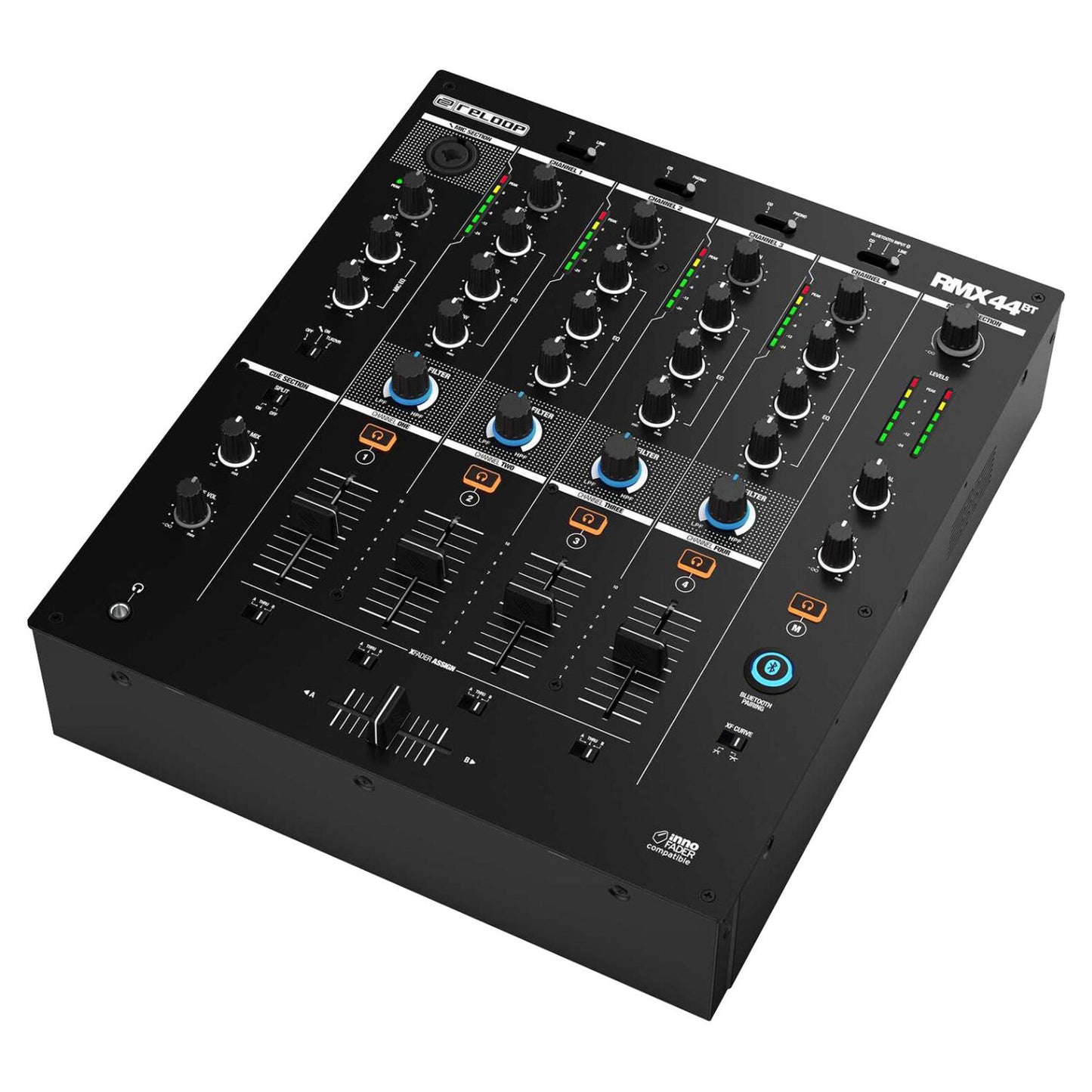 Angled view of Reloop RMX-44 BT 4-Channel Bluetooth DJ Club Mixer on white background