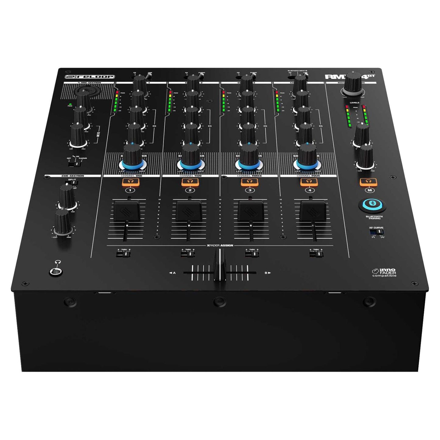Angled bottom view of Reloop RMX-44 BT 4-Channel Bluetooth DJ Club Mixer on white background