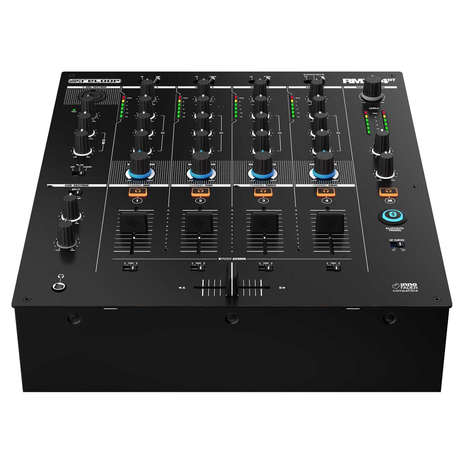 Angled bottom view of Reloop RMX-44 BT 4-Channel Bluetooth DJ Club Mixer on white background