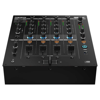 Angled bottom view of Reloop RMX-44 BT 4-Channel Bluetooth DJ Club Mixer on white background