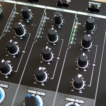 Close up knobs view of Reloop RMX-44 BT 4-Channel Bluetooth DJ Club Mixer