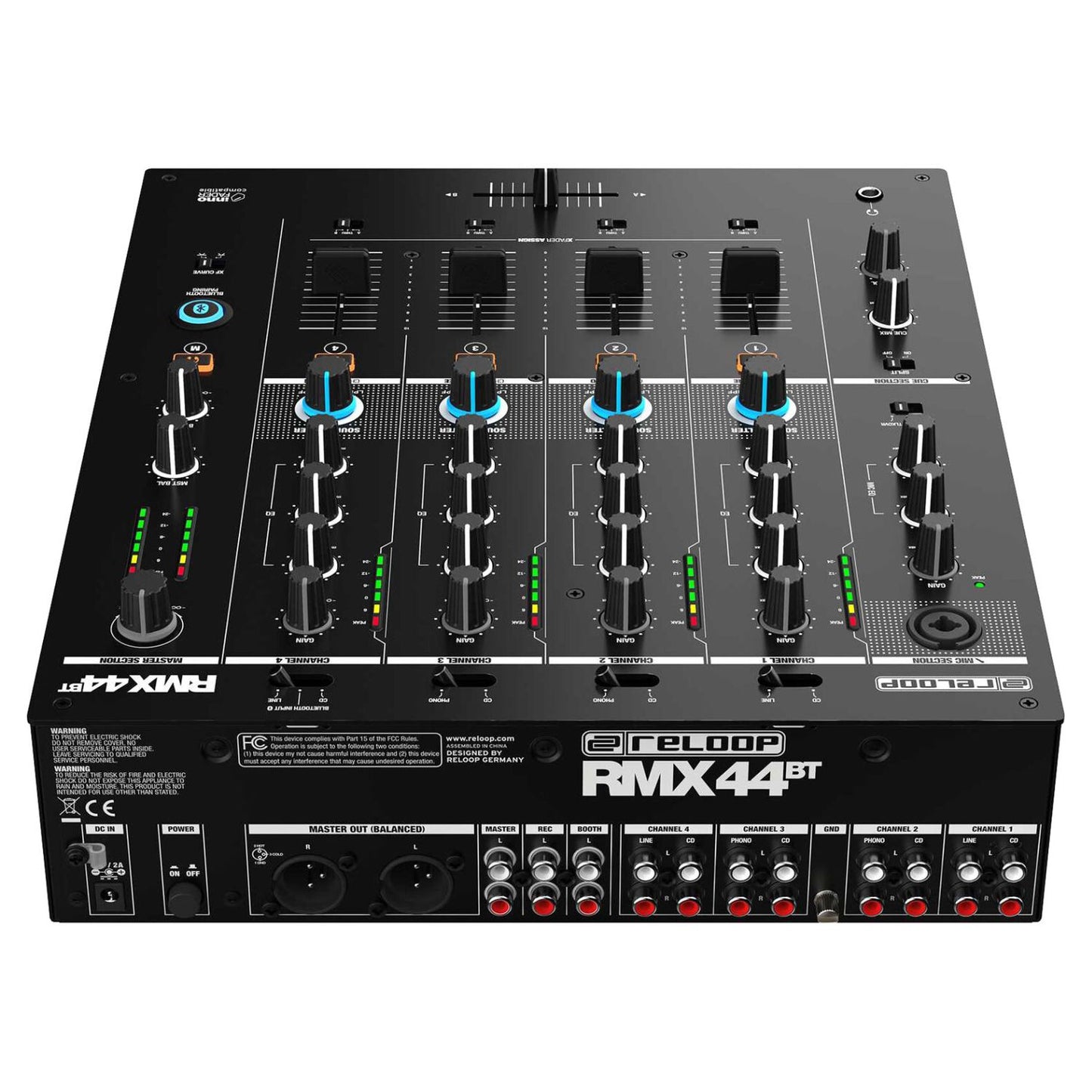 Angled top ports view of Reloop RMX-44 BT 4-Channel Bluetooth DJ Club Mixer on white background