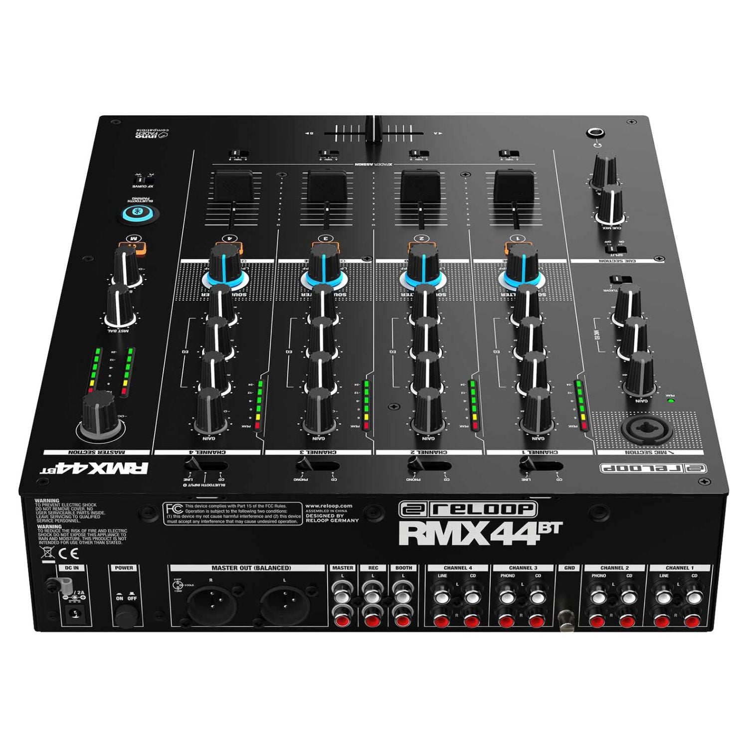 Angled top ports view of Reloop RMX-44 BT 4-Channel Bluetooth DJ Club Mixer on white background