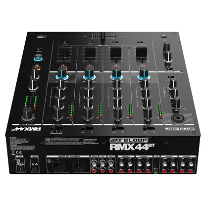 Angled top ports view of Reloop RMX-44 BT 4-Channel Bluetooth DJ Club Mixer on white background