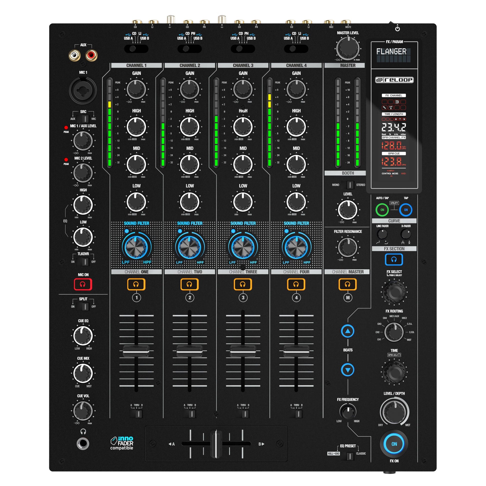 Front view of Reloop RMX-95 Digital Club Mixer on white background