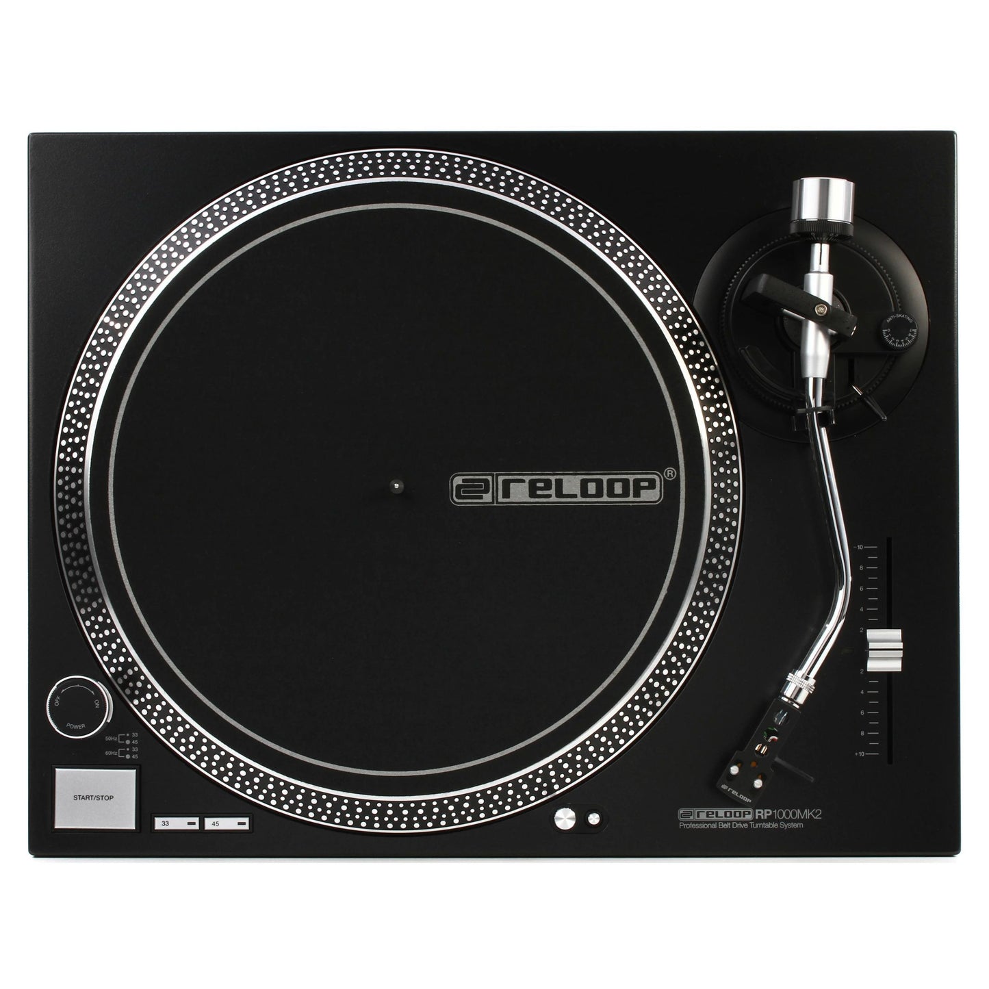 Top view of Reloop RP-1000 MK2 Belt-Drive Turntable System on white background