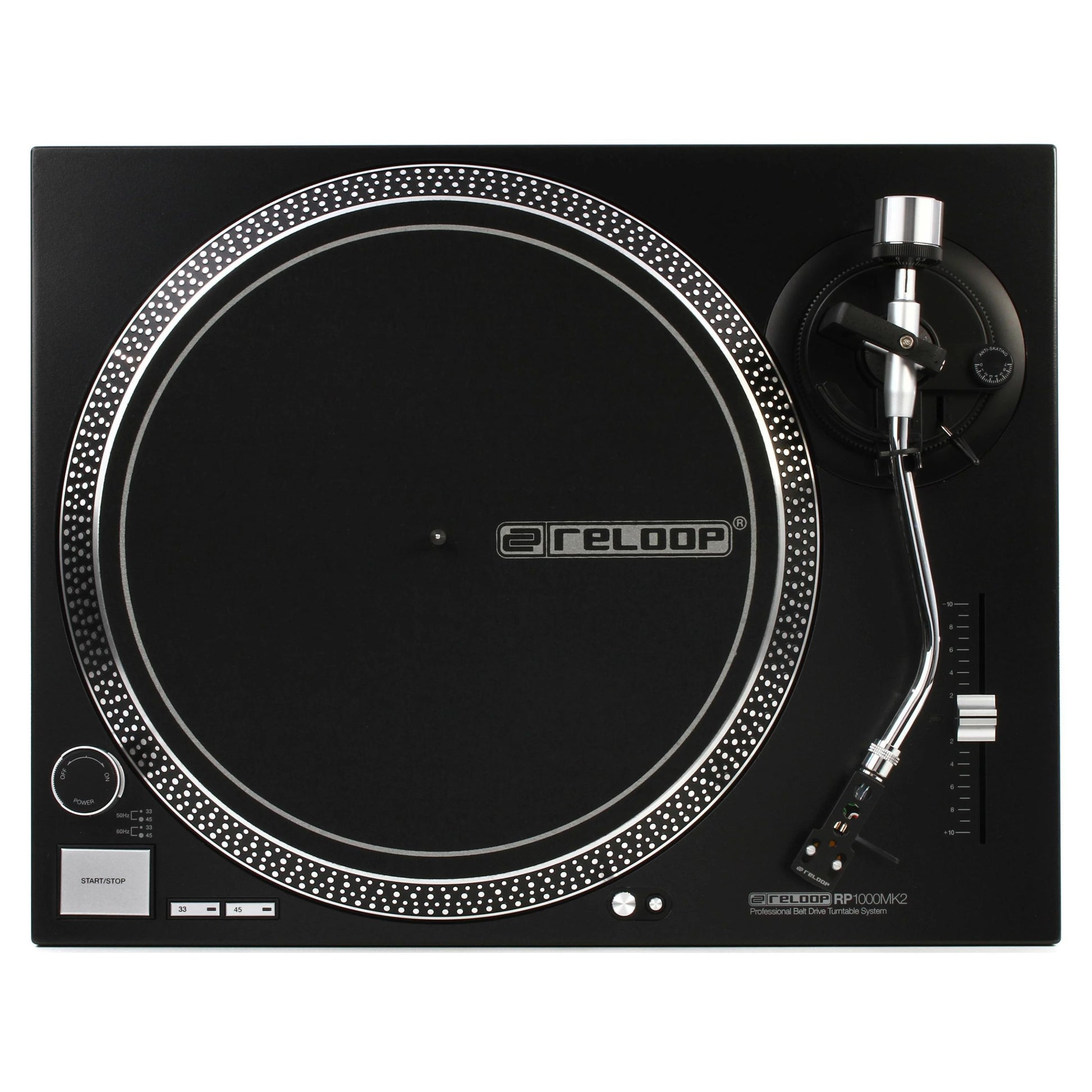 Top view of Reloop RP-1000 MK2 Belt-Drive Turntable System on white background